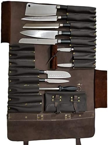 Professional Dark Brown Leather Chef Knife Bag 16 Slots