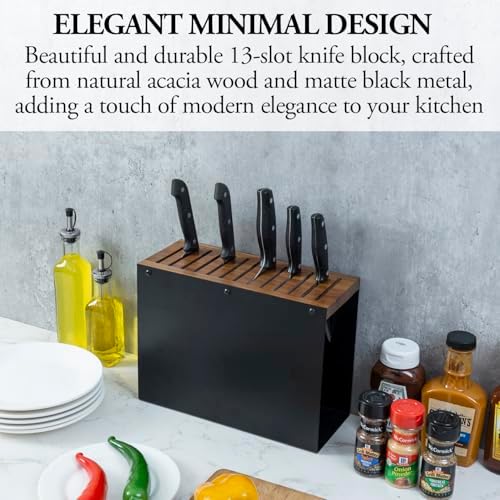 Natural Acacia and Matte Black Metal Universal Knife Block