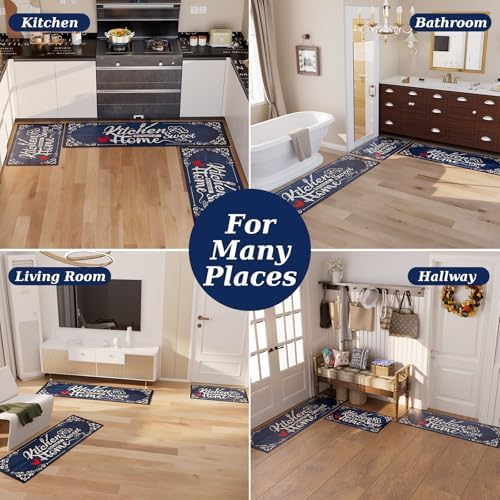 Navy Blue Kitchen Runner Rugs for Home - Soft Durable Water-resistant