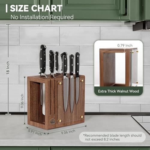 Magnetic Walnut Wood Knife Block with Glass Cover Sharpener Organizer