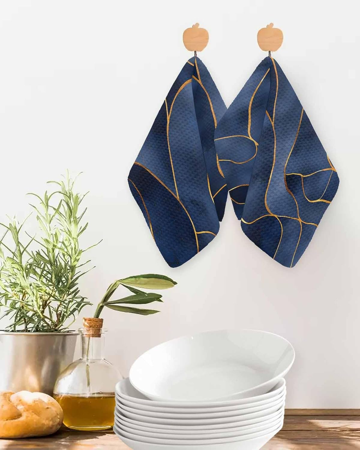 Habitucy Navy Blue Gold Dish Towels Set 12x12 Waffle Weave